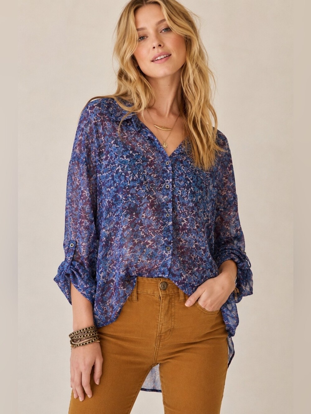 Free People Sheer Floral Blouse Blue Purple Boho Button Front Top Small (P)